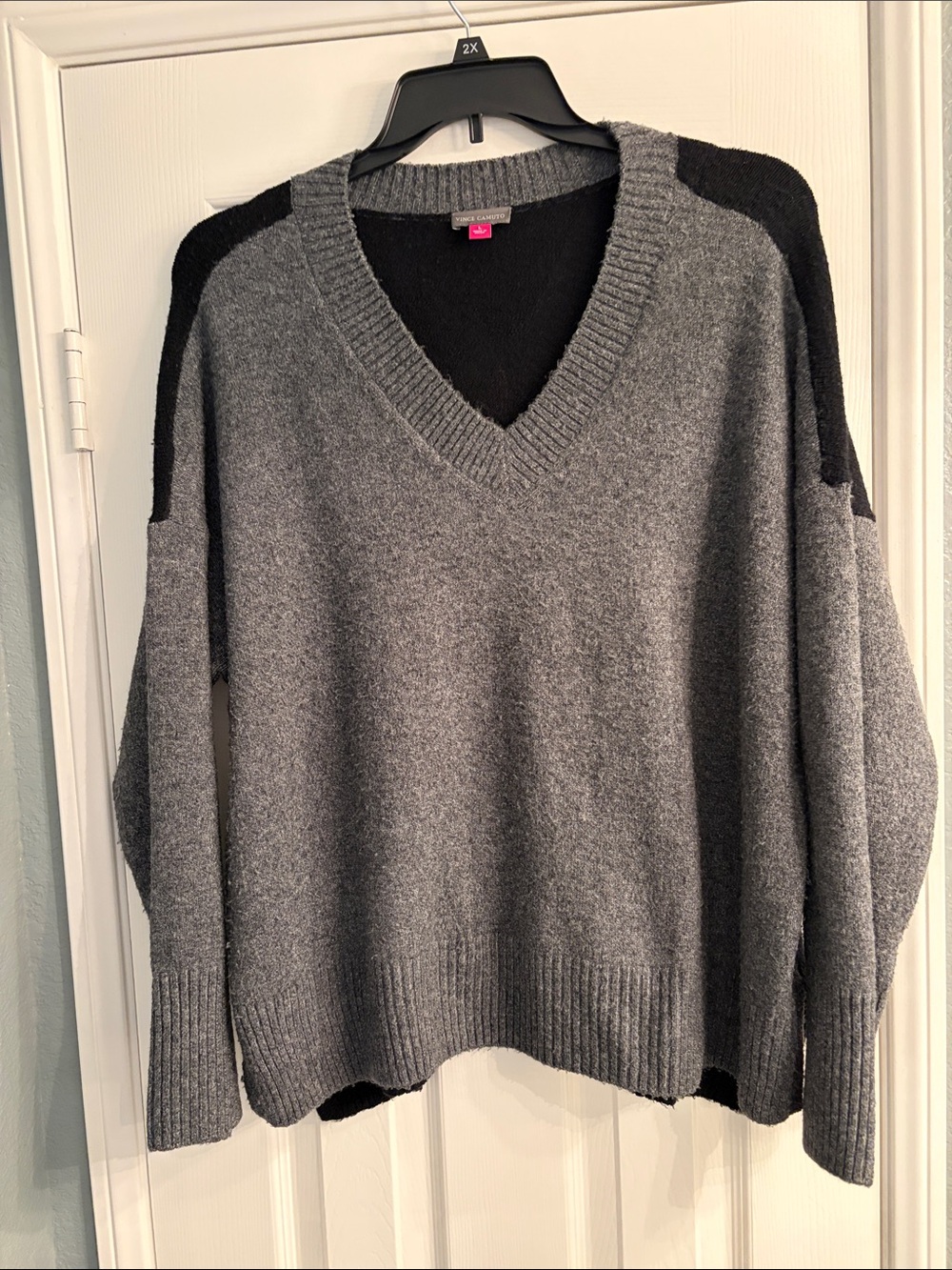 Vince Camuto Gray and Black V-Neck Sweater